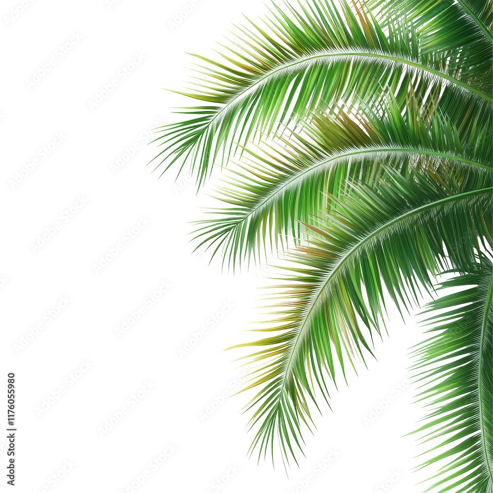 Naklejka premium Lush tropical coconut palm leaves create a vibrant summer background for relaxation and inspiration, tropical coconut palm leaves tree for summer background on transparent background file