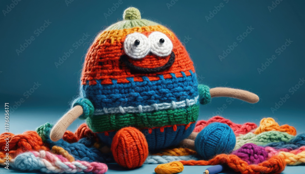 Fototapeta premium Colorful knitted toy with vibrant yarn pieces scattered around on a blue backdrop in a playful arrangement