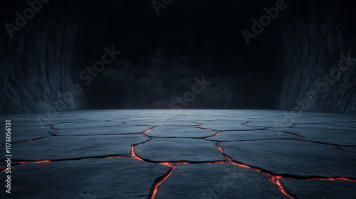 Desolate cracked earth floor with molten lava glowing in dark cave atmosphere symbolizing otherworldly landscapes and volcanic activity