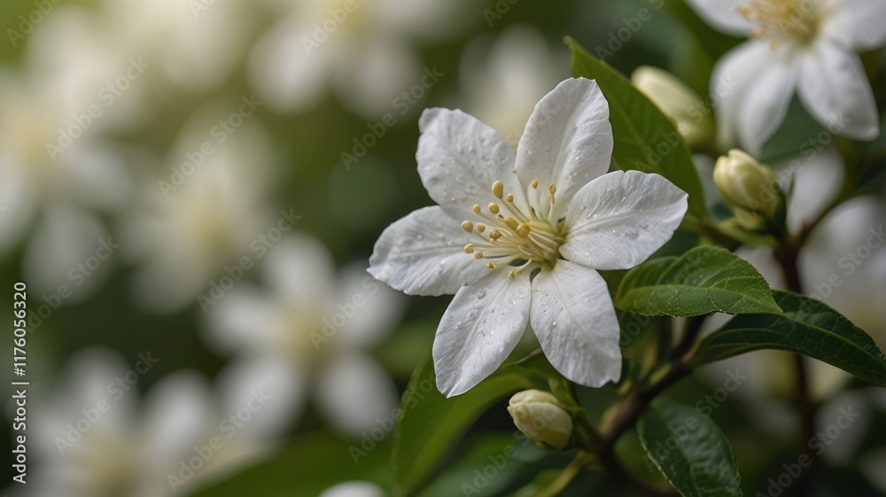 Close-up of a pristine white flower with dewdrops, surrounded by blurred blossoms and green leaves.