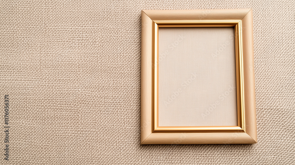 Fototapeta premium Elegant empty golden photo frame positioned against a textured beige background, ideal for showcasing precious memories and artistic displays