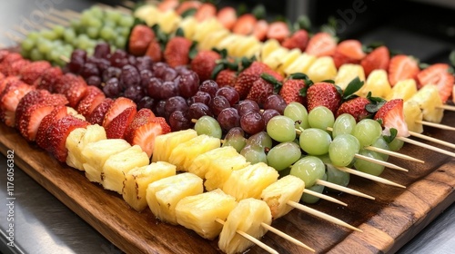Colorful Fruit Skewers Arranged on Wooden Board