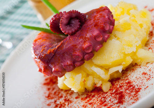 Seafood dish - boiled octopus with potato served with paprika on plate photo