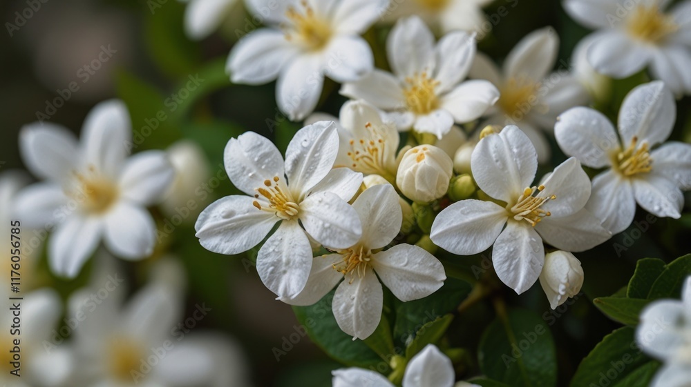 Fototapeta premium Close-up of delicate white flowers with yellow centers, water droplets, and green leaves.