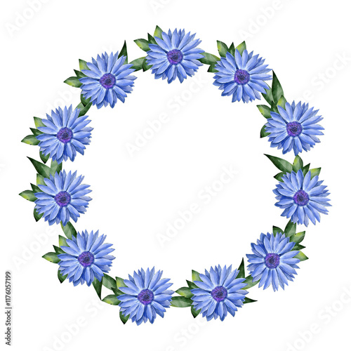 Rudbeckia, chrysanthemum and green leaves. Watercolor botanical illustration. Round frame for invitations, cards, prints. Flowers isolated on white background