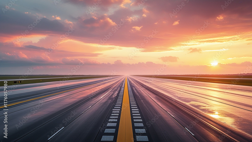 Dramatic View of Airport Runway with Beautiful Sunset and Orange Sky Dramatic View of Airport Runway with Beautiful Sunset and Orange Sky