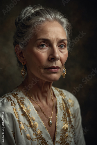 Portrait of an elegant woman with silver hair. Calm and wise look. Exquisite jewelry. The atmosphere of nobility and sophistication photo