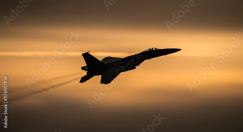 F-15 Eagle Silhouette at Sunset, Dramatic Military Jet Flight