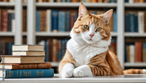 Orange tabby cat rests among books in a cozy library setting during daylight hours
