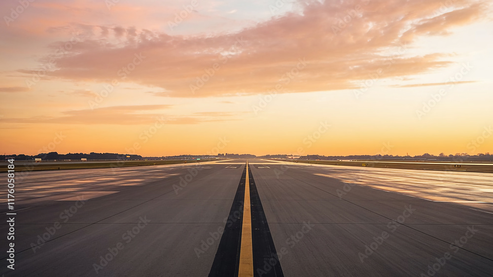 Fototapeta premium Dramatic View of Airport Runway with Beautiful Sunset and Orange Sky
