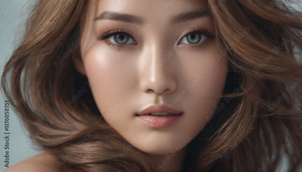 Captivating close-up of a woman with striking features and wavy hair against a soft blue background Captivating close-up of a woman with striking features and wavy hair against a soft blue background