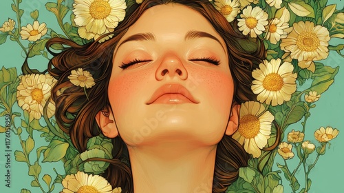 Portrait of a Tranquil Woman Surrounded by Daisies with Focus on Tranquility and Connection to Nature Through Close-up Floral Arrangement in a Serene and Dreamy Atmosphere