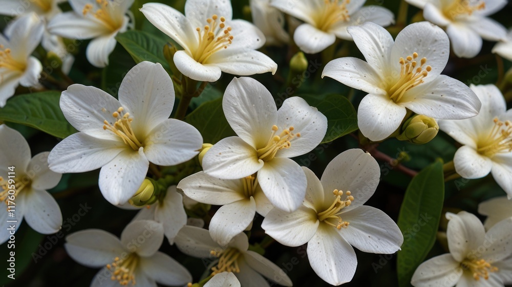 Close-up of numerous delicate white flowers with yellow centers, nestled amongst green leaves. Close-up of numerous delicate white flowers with yellow centers, nestled amongst green leaves.