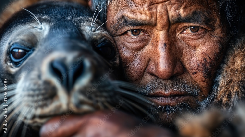 An elderly man shares an intimate moment with a seal, revealing a profound bond between humans and nature, enriched by emotion, rugged features, and a shared spirit. An elderly man shares an intimate moment with a seal, revealing a profound bond between humans and nature, enriched by emotion, rugged features, and a shared spirit.