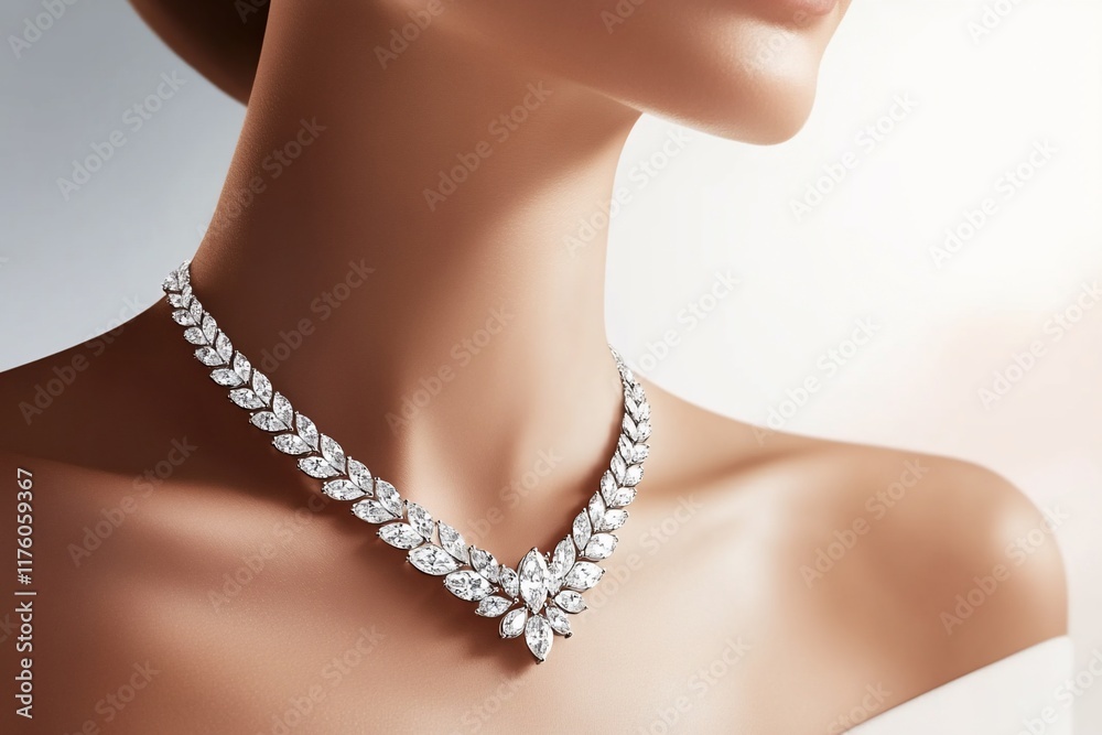 Elegant diamond necklace displayed on a mannequin's neck. Elegant diamond necklace displayed on a mannequin's neck.