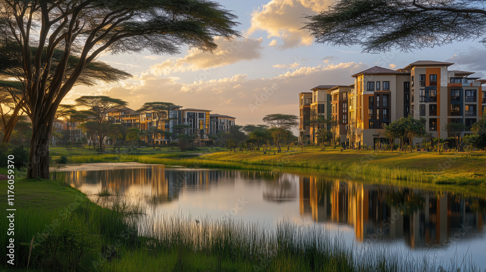 Fototapeta premium Serene African Park at Dusk with Golden Light Filtering Through Acacia Trees, Calm Water Pond Reflection, and Contemporary Apartments in the Distance