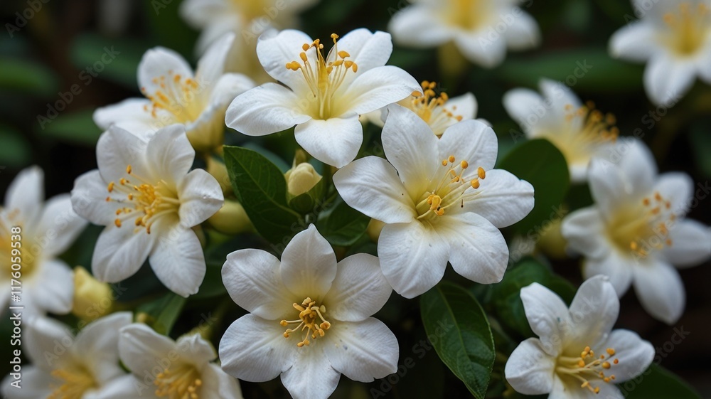 Close-up of delicate white flowers with yellow centers, blooming in a lush green foliage. Close-up of delicate white flowers with yellow centers, blooming in a lush green foliage.