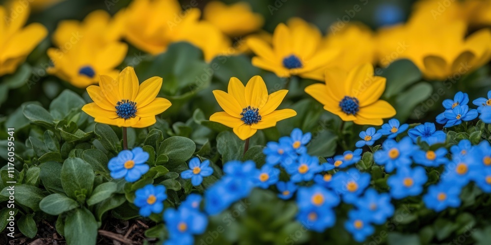 Obraz premium Vibrant yellow and blue flowers bloom in a garden. Use Spring garden background.
