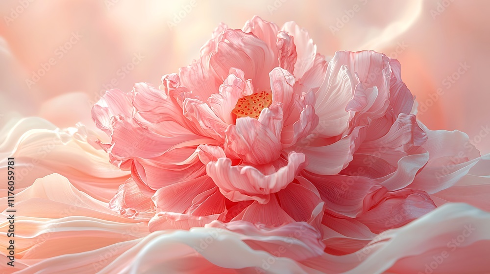Fototapeta premium Soft pink peony on flowing fabric; beautiful, elegant floral still life; perfect for advertising or packaging