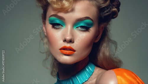 Model showcases vibrant makeup and fashion during studio photoshoot with dramatic lighting and bold colors photo