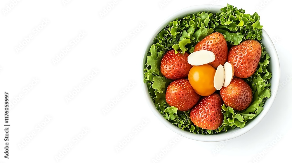 A salad bowl featuring mixed greens, sliced strawberries, and slivered almonds, isolated on a white background A salad bowl featuring mixed greens, sliced strawberries, and slivered almonds, isolated on a white background