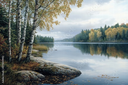 Autumnal lake scene, birch trees, calm water, forest background, nature print.