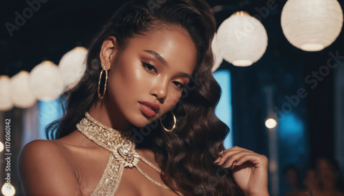 Glamorous model poses confidently under soft lighting at an upscale event in a stylish setting