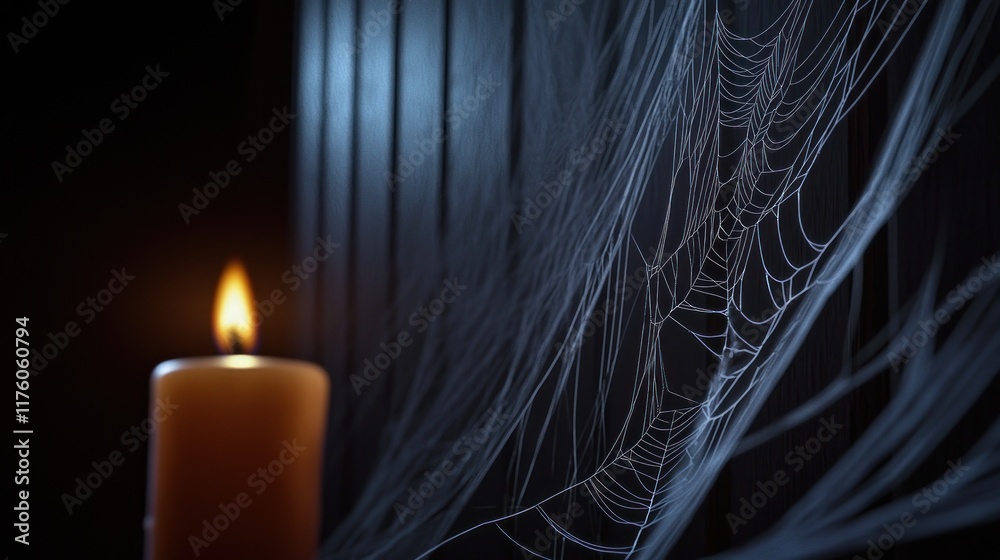 Naklejka premium A candle illuminates a spider web against a dark background.