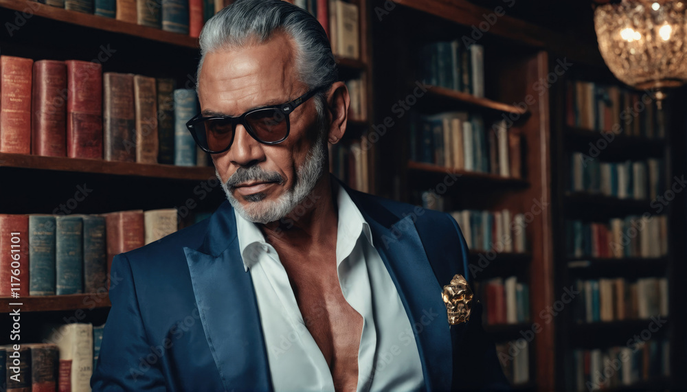 Stylish man in elegant suit poses in a vintage library surrounded by classic books Stylish man in elegant suit poses in a vintage library surrounded by classic books