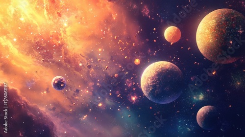 Celestial Bodies Orbiting In A Vibrant Nebula