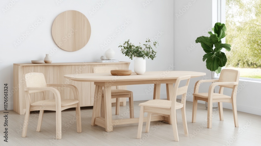 Fototapeta premium Modern dining room with wooden furniture and plants.