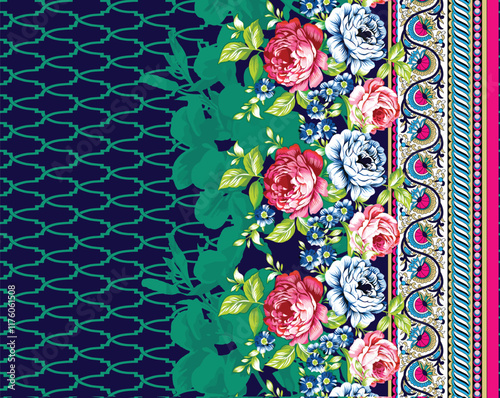 A dynamic  floral pattern infused with structured geometric shapes, ideal for contemporary wallpaper and gift wrapping.