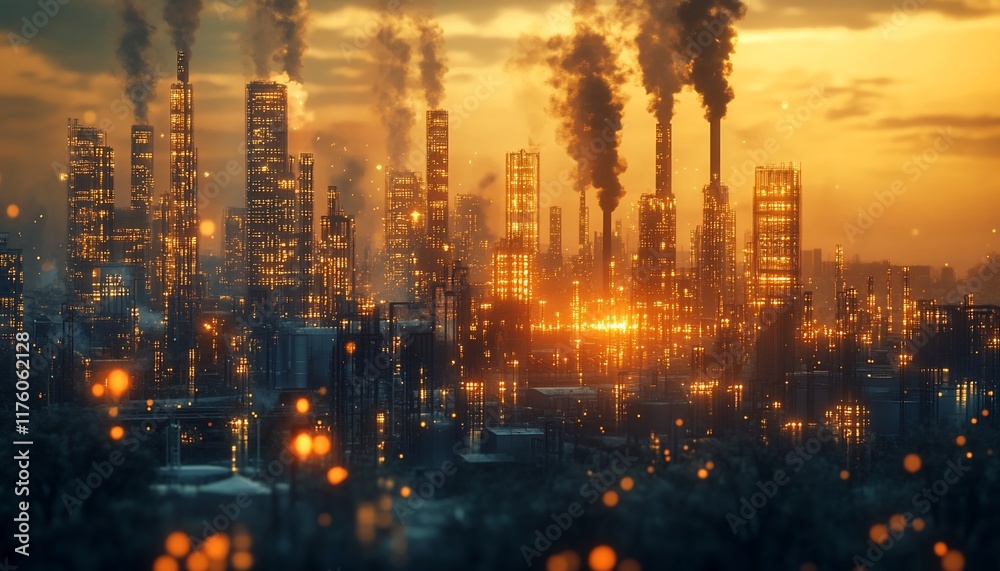 Fototapeta premium Industrial skyline at sunset, showcasing smokestacks and glowing lights.