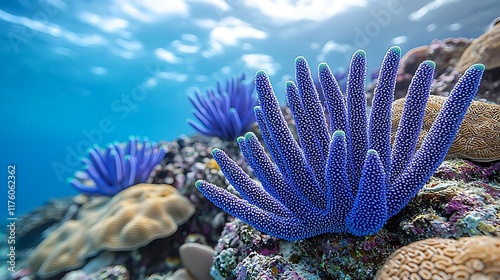 Vibrant blue coral underwater photo