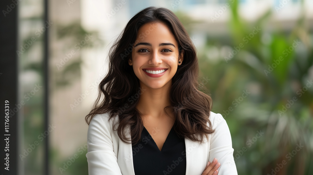 cheerful Indian professional woman standing confidently in office environment, showcasing her bright smile and approachable demeanor. Her stylish outfit complements modern setting. cheerful Indian professional woman standing confidently in office environment, showcasing her bright smile and approachable demeanor. Her stylish outfit complements modern setting.