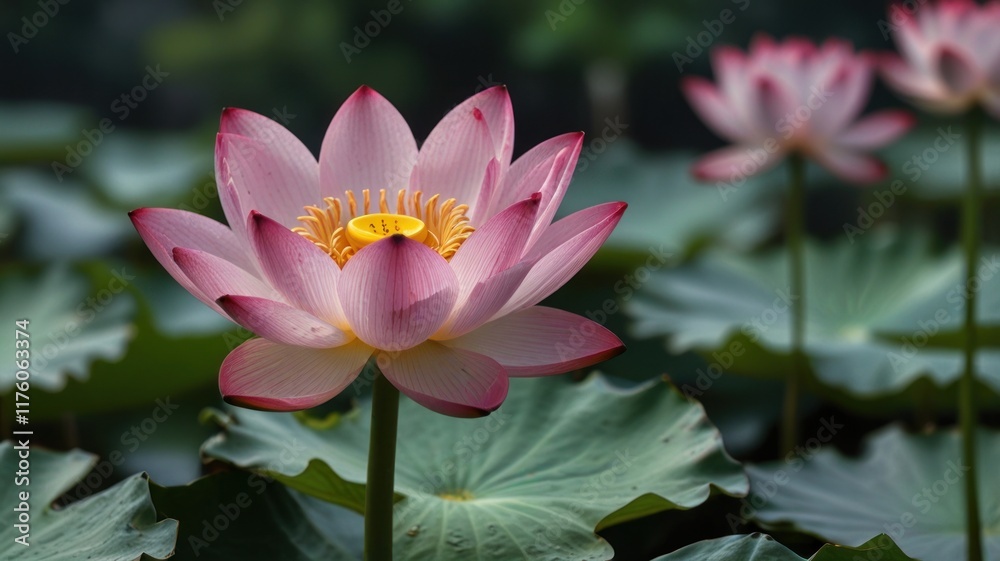 Fototapeta premium Close-up of a beautiful pink lotus flower in a pond, surrounded by lush green leaves.