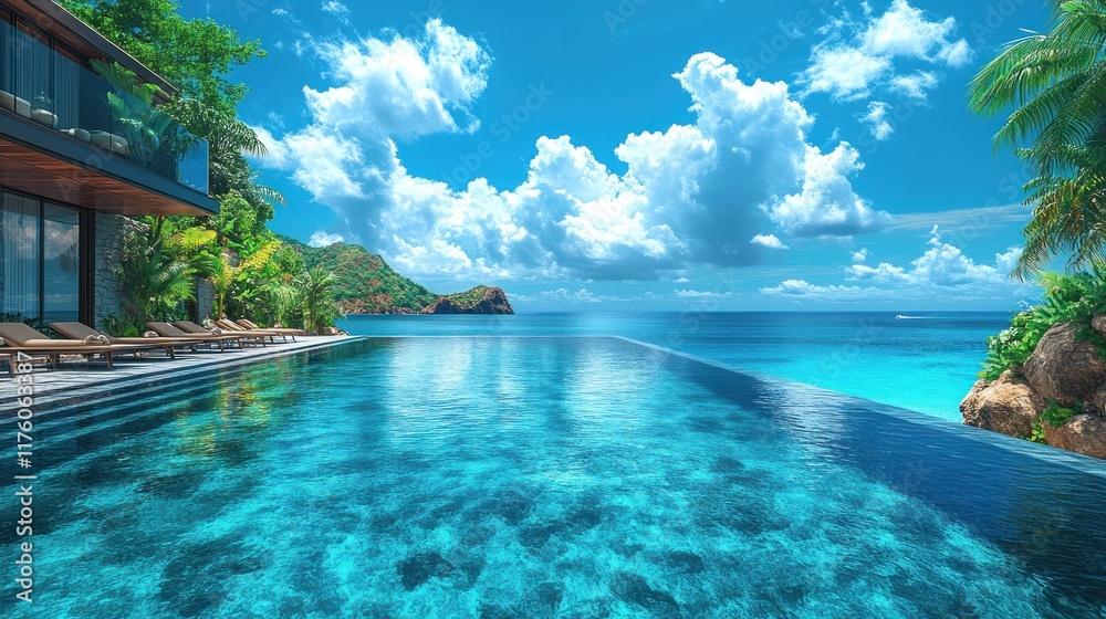 Fototapeta premium A serene infinity pool overlooking a vibrant ocean and lush greenery under a bright sky.