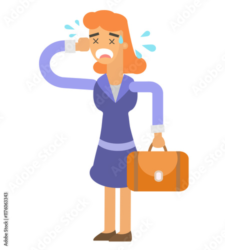 cartoon vector business woman crying sadly while carrying suitcase