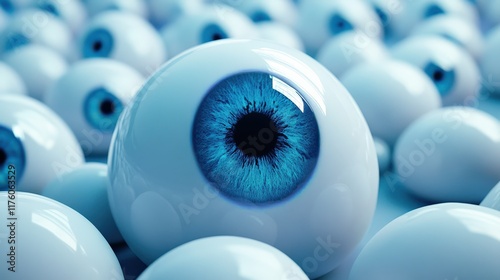 Surreal Arrangement of White Eyeballs with Blue Iris Amidst an Abstract Background in a Unique and Intriguing Conceptual Art Representation of Vision and Observation photo