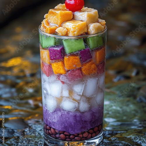 Delicious Halo-Halo Dessert in Glass with Toppings of Ice, Red Beans, Purple Yam, Sweet Corn, Mango, Avocado, Jackfruit, Nata de Coco, Buko, and Cherry Garnish photo