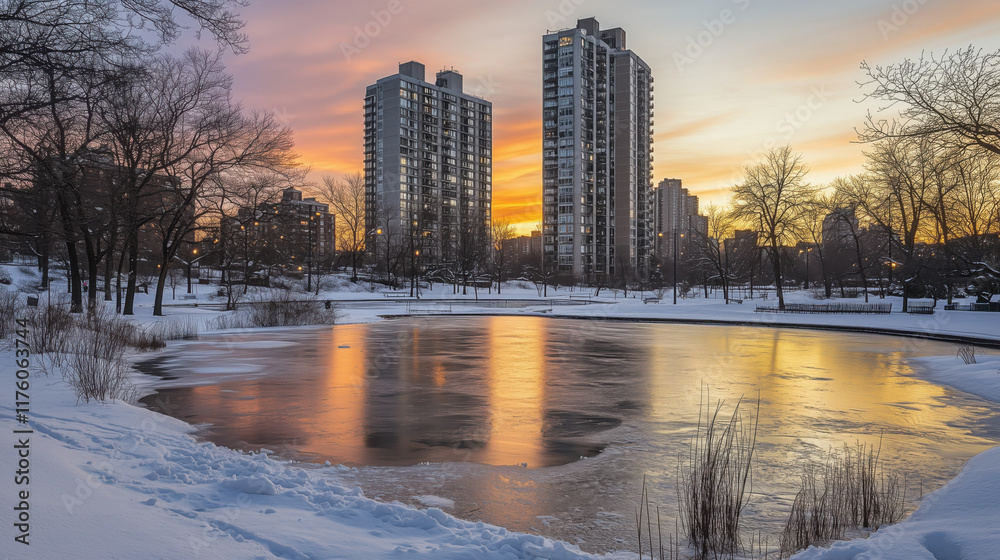 Obraz premium Serene Winter City Park with Partially Frozen Pond Reflecting a Vibrant Sunset Sky, Golden Hues on Snow-Covered Ground, Framed by Tall Apartment Buildings