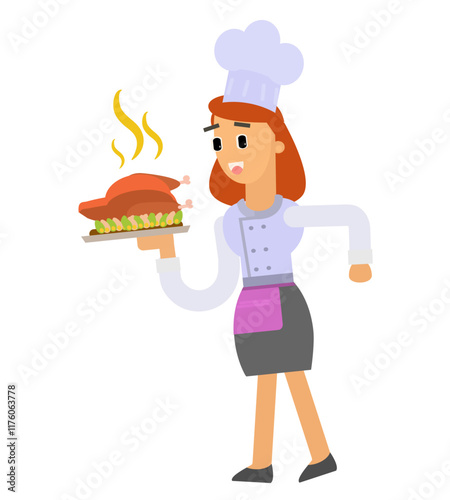 Cartoon vector of female chef holding dish for serving