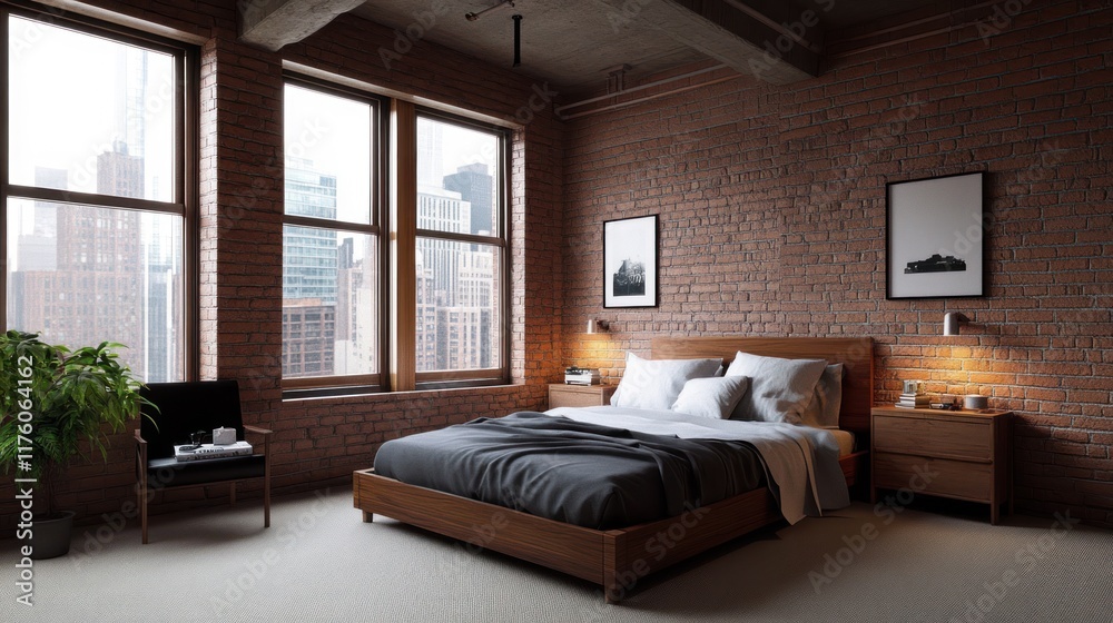 Fototapeta premium Modern bedroom with brick walls and city view.