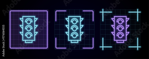 Traffic light icon illustration, cyber neon visual, glowing border grid vector.