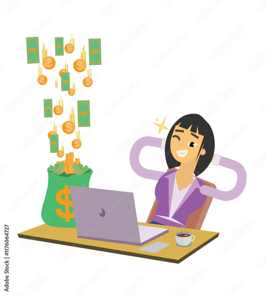 Vector illustration of woman working using laptop is happy because she gets a lot of money, cute cartoon illustration Vector illustration of woman working using laptop is happy because she gets a lot of money, cute cartoon illustration