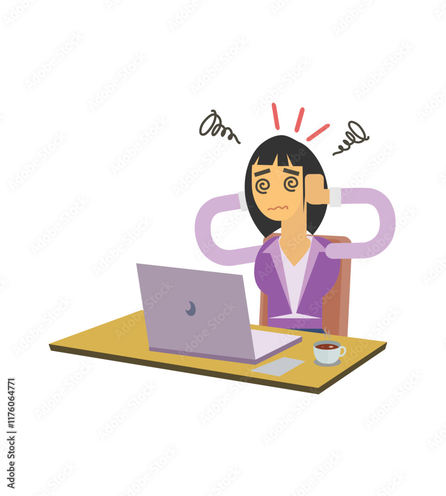 Vector illustration of woman working using laptop having headache, cute cartoon illustration Vector illustration of woman working using laptop having headache, cute cartoon illustration