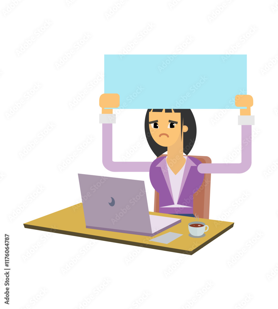 Vector illustration of woman working using laptop lifting plain paper, cute cartoon illustration Vector illustration of woman working using laptop lifting plain paper, cute cartoon illustration