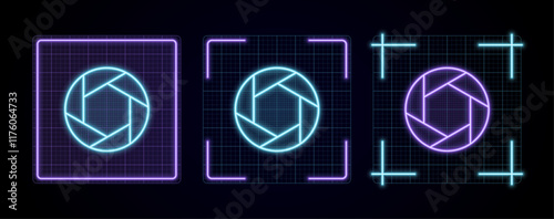 Camera lens icon illustration, cyber neon visual, glowing border grid vector.