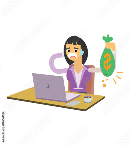 Vector illustration of woman working using laptop is sad because money is running out, funny cartoon illustration