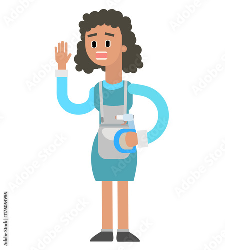 Vector illustration of cleaning lady raising hand to say hello, cute cartoon illustration